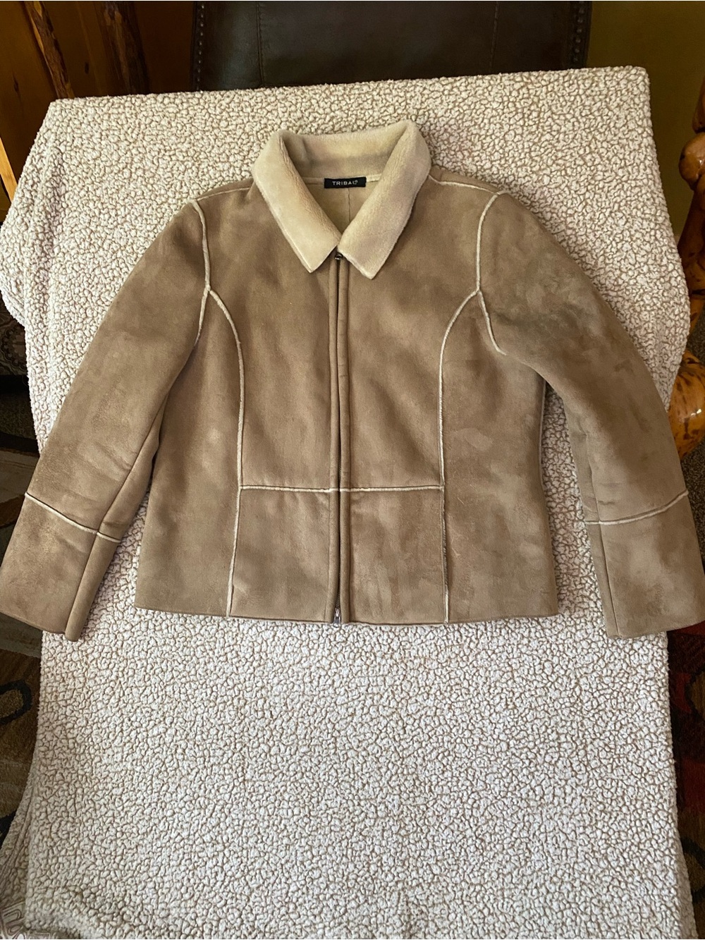 Tribal Tan Faux Suede Sherpa Aviator Jacket Seam Detail Vintage Style